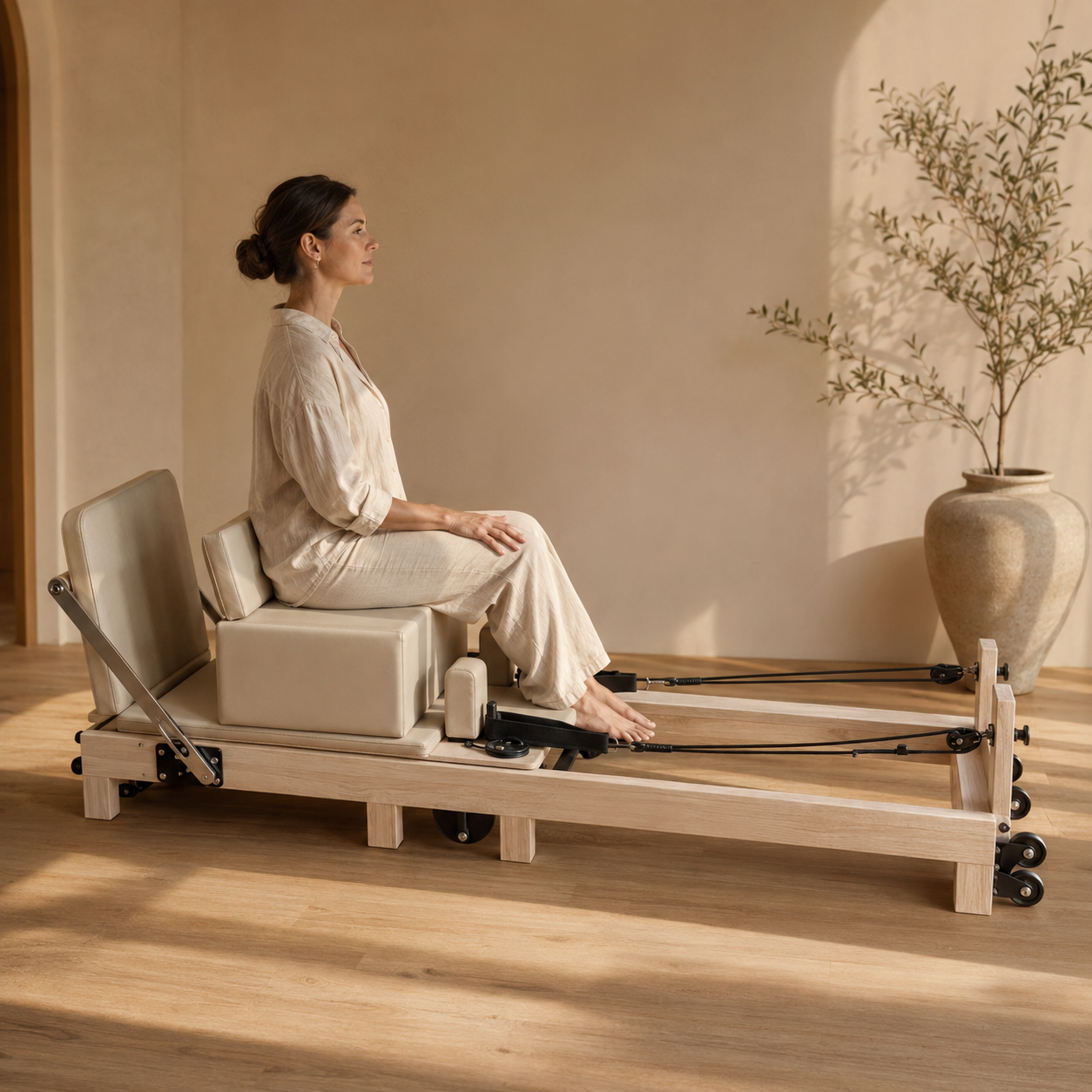 Pure — Opvouwbare Pilates Reformer in beige hout