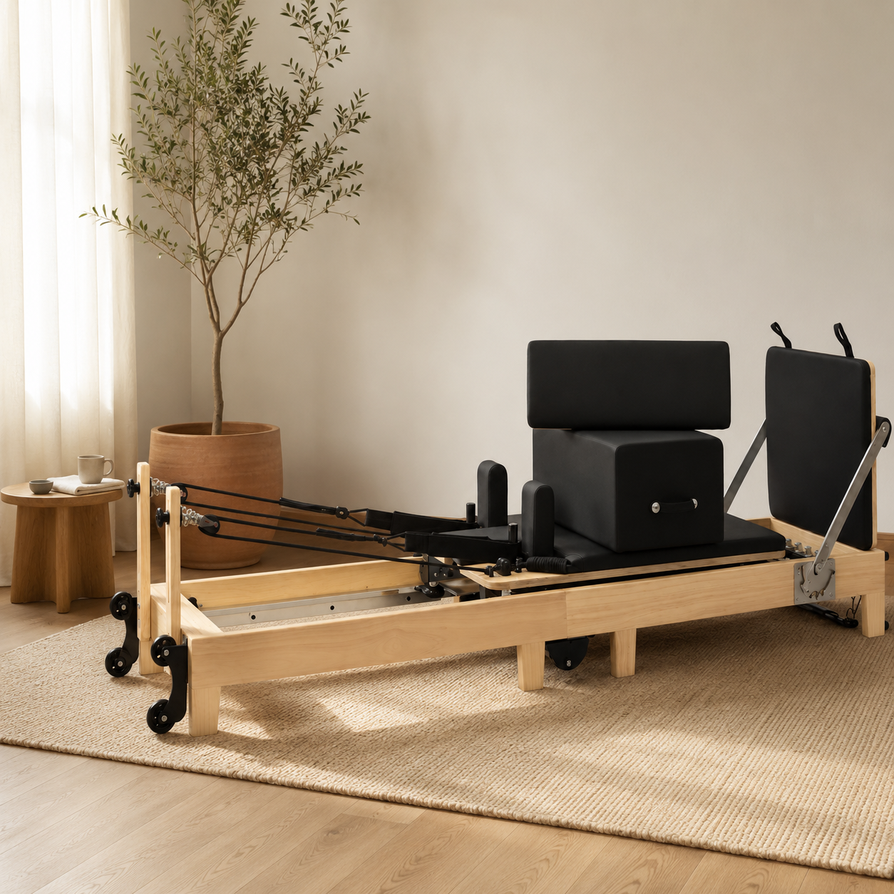Studio — Massieve Pilates Reformer in rubberhout en esdoorn