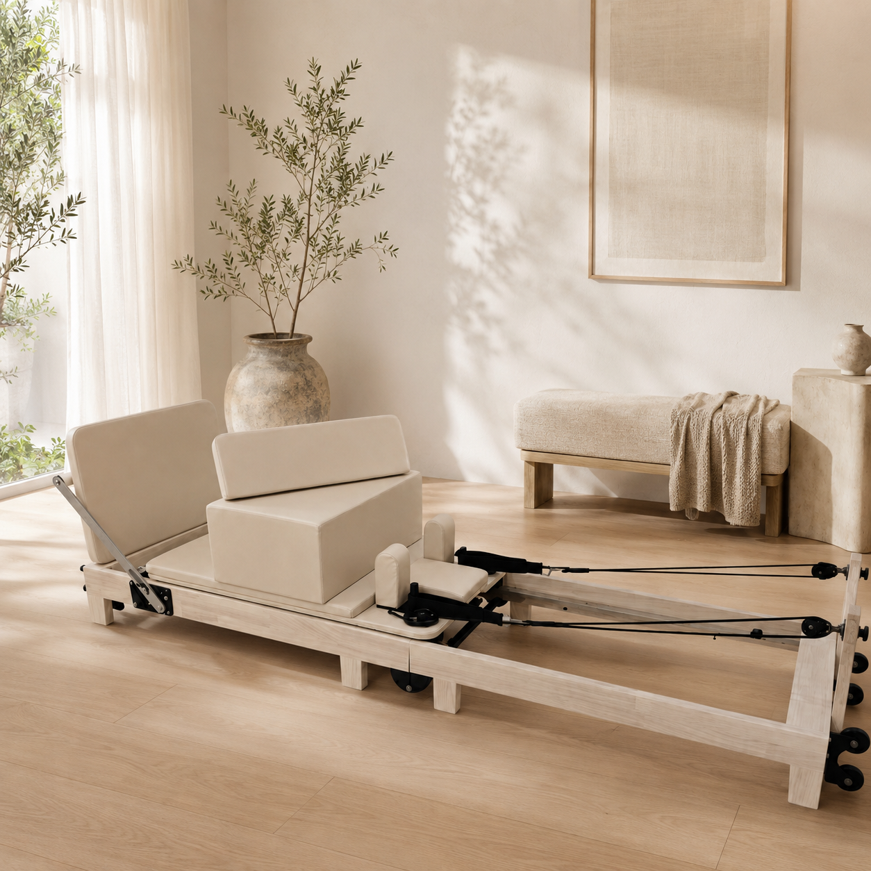Pure — Opvouwbare Pilates Reformer in beige hout