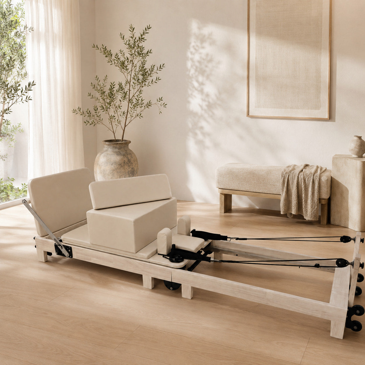 Pure — Opvouwbare Pilates Reformer in beige hout