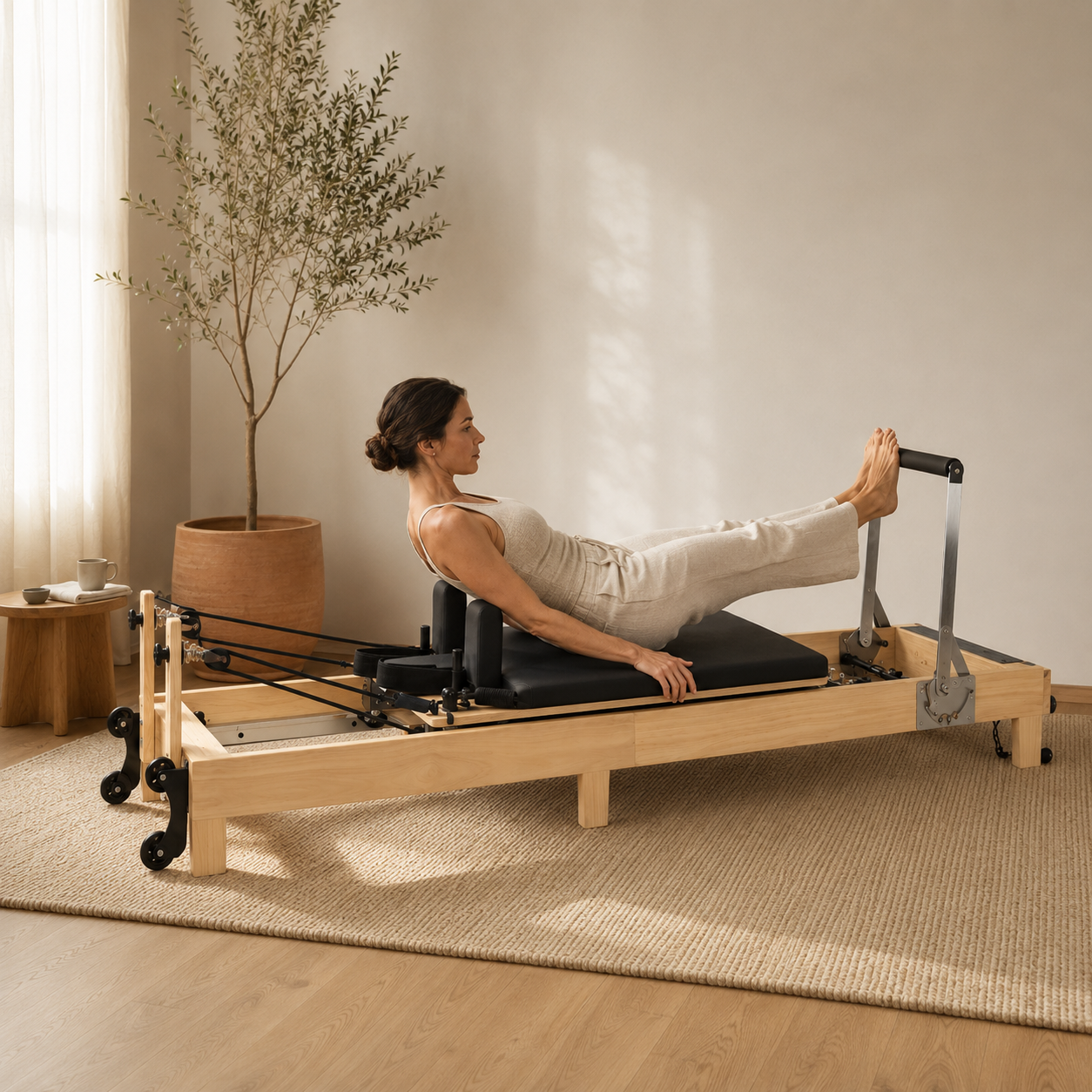 Studio — Massieve Pilates Reformer in rubberhout en esdoorn